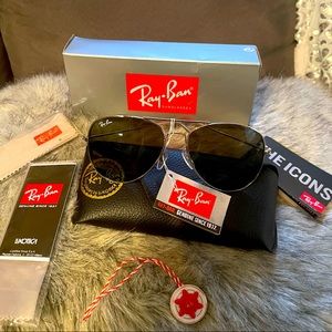 Ray Ban SunGlasses ( Black lens, Chrome Trim) with Carrying case, box, and tags.